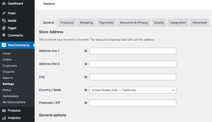 Configurações gerais do WooCommerce