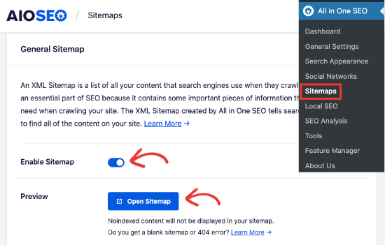 Habilite o sitemap em All in One SEO