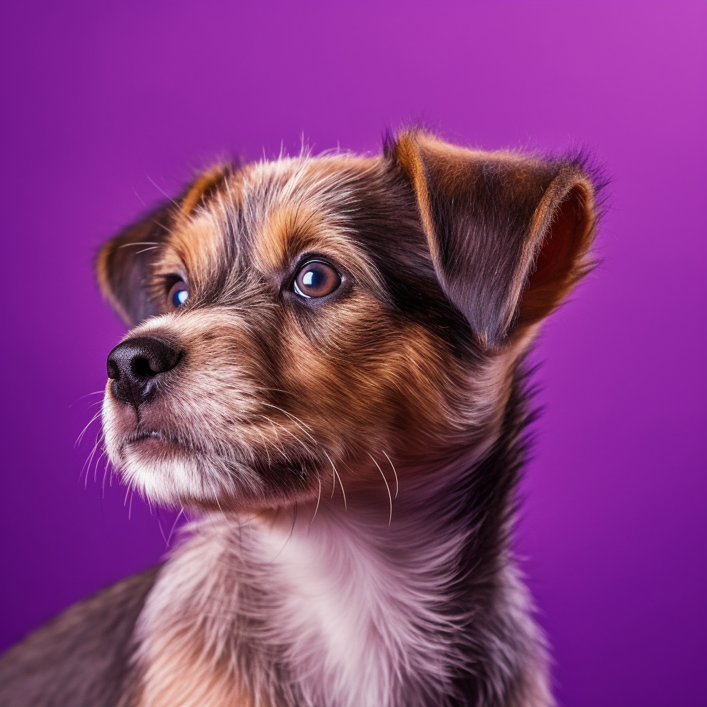Um retrato de um cachorrinho adorável olhando para a esquerda. Fundo roxo liso. Fotorrealista. Profundidade superficial de campo.